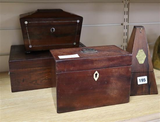 A metronome, a jewellery box and two tea caddies